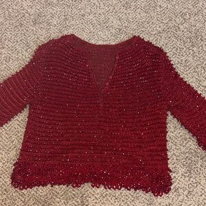 Vintage Women's Beaded Knit Top - Burgundy Handmade? XS/S